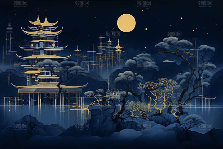 国潮苏州山水中国风插画