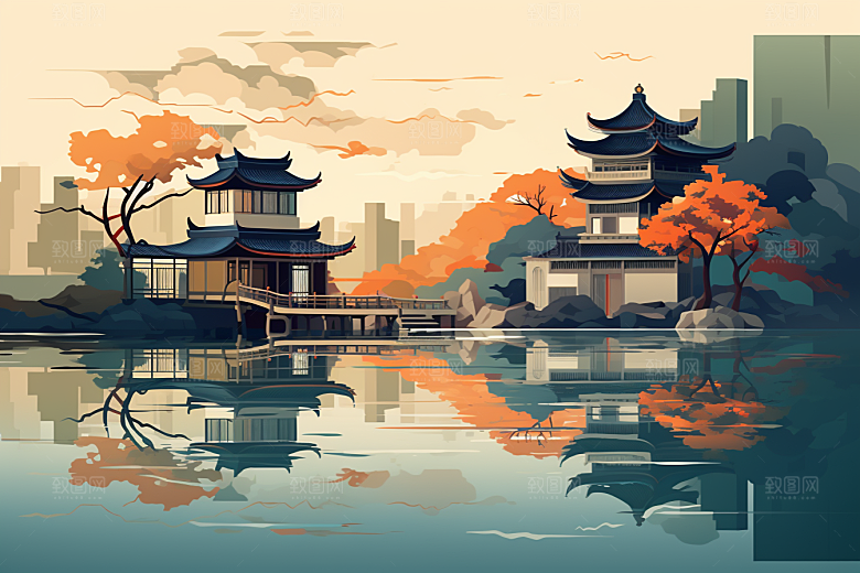 国潮苏州彩色园林插画