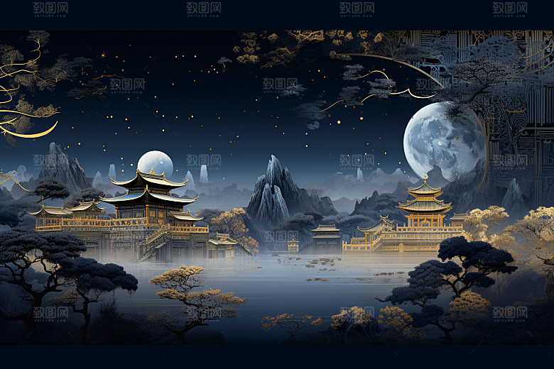 国潮苏州山水传统风格插画