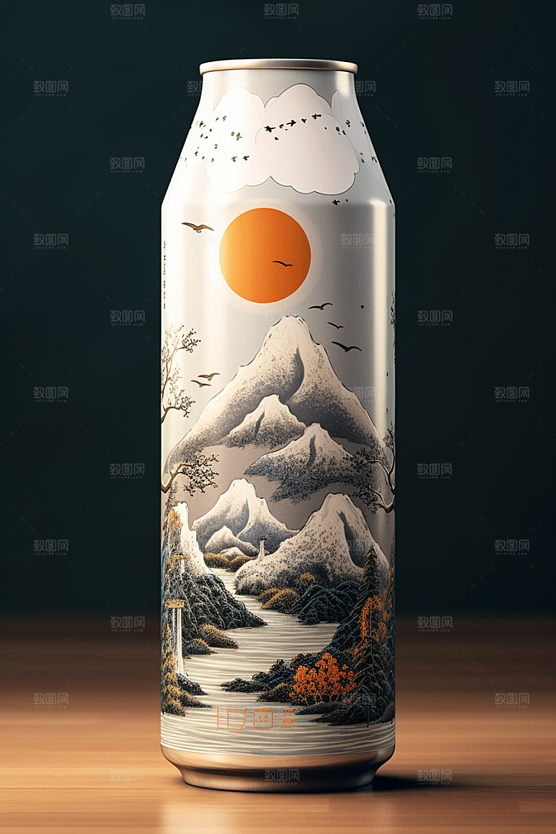 国潮风易拉罐水墨山水中国风模型