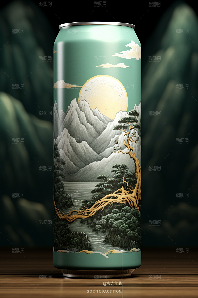 国潮风易拉罐丹青水墨山水模型