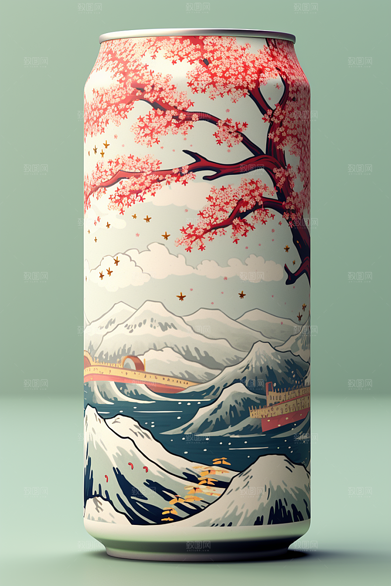国潮风易拉罐高清水墨山水模型