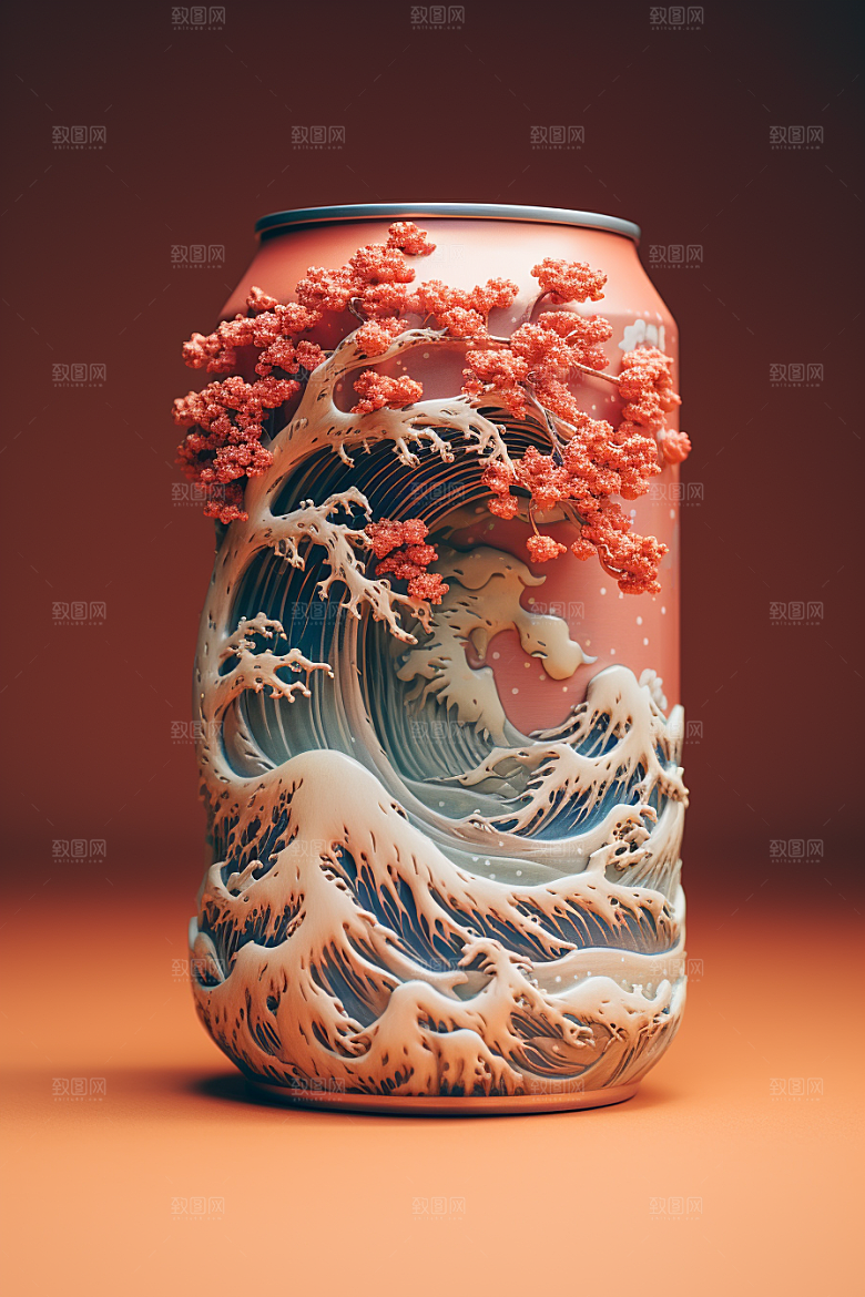 国潮风易拉罐高清水墨山水模型