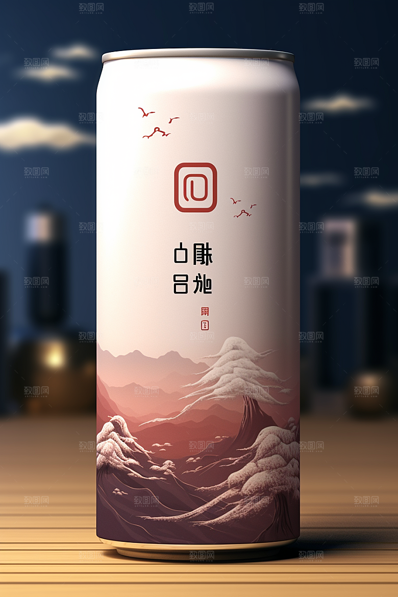 国潮风易拉罐传统艺术水墨山水模型