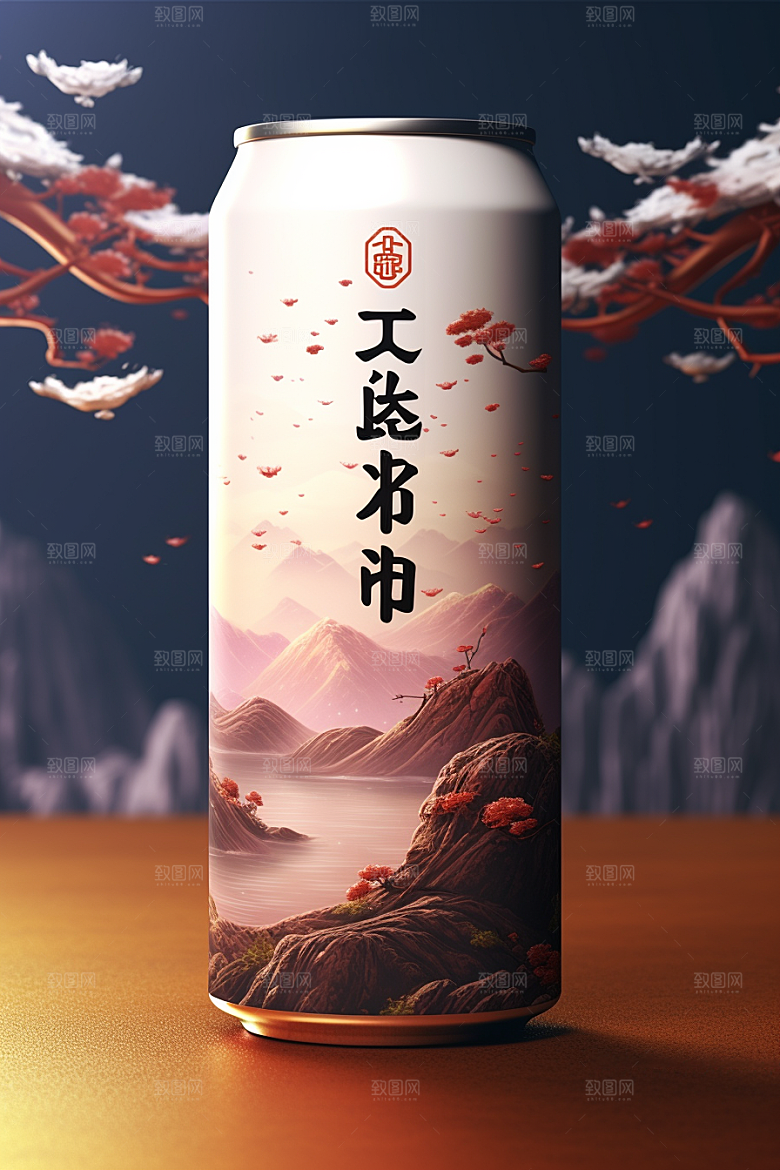 国潮风易拉罐国画中国风模型