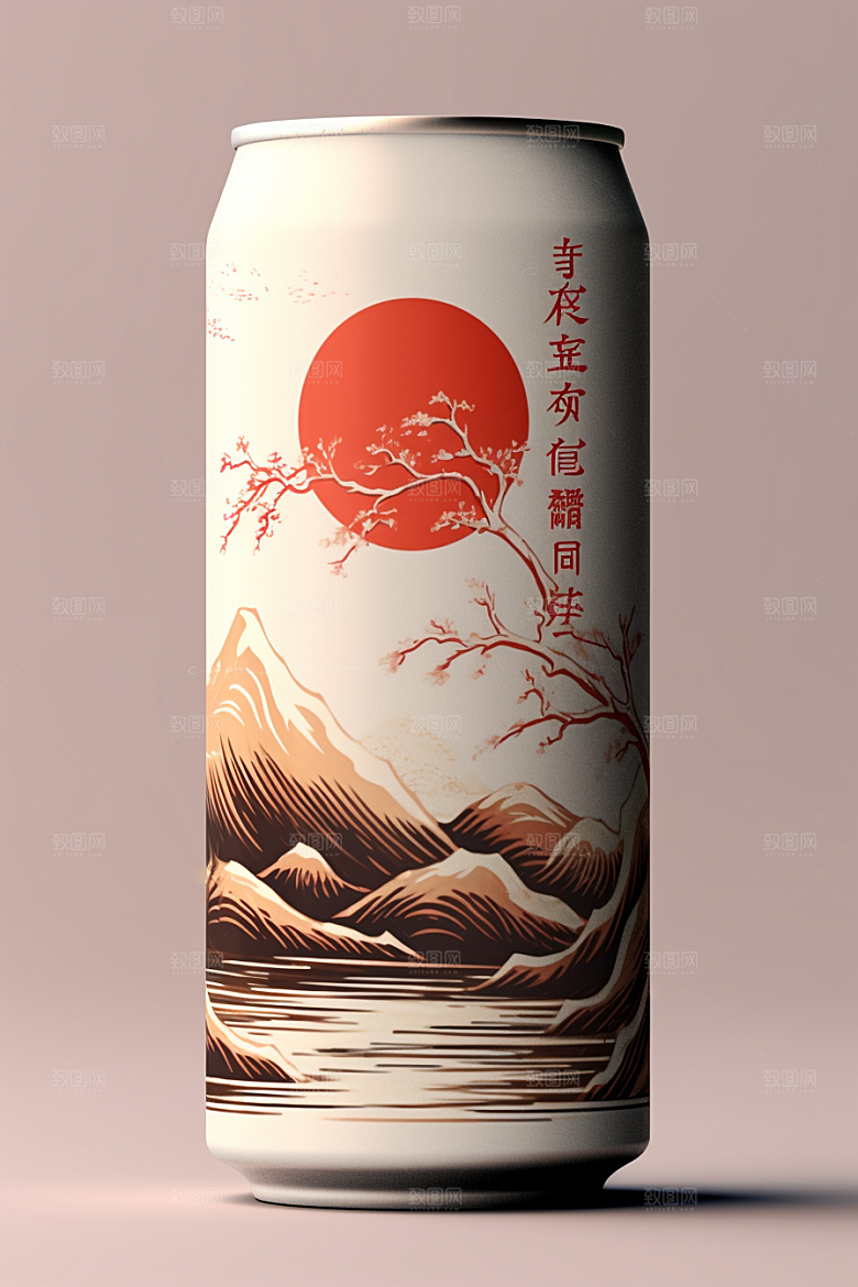 国潮风易拉罐水墨山水中国风模型