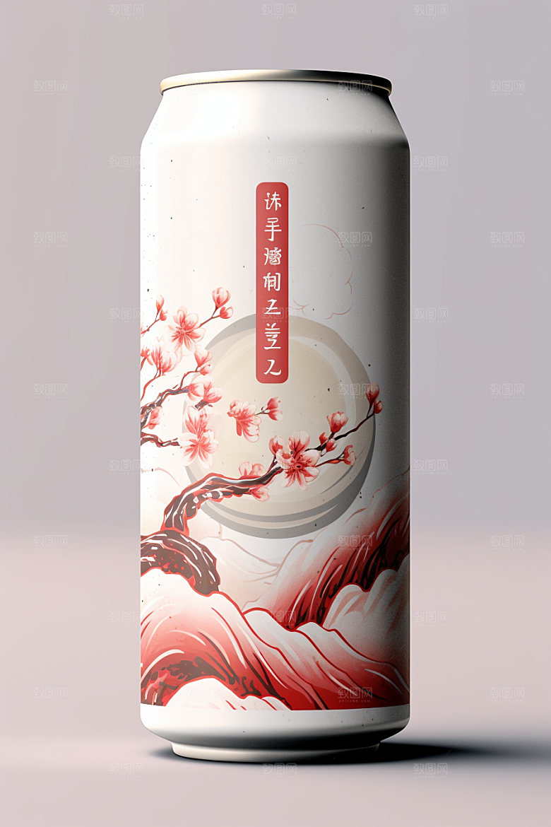 国潮风易拉罐水墨山水高清模型