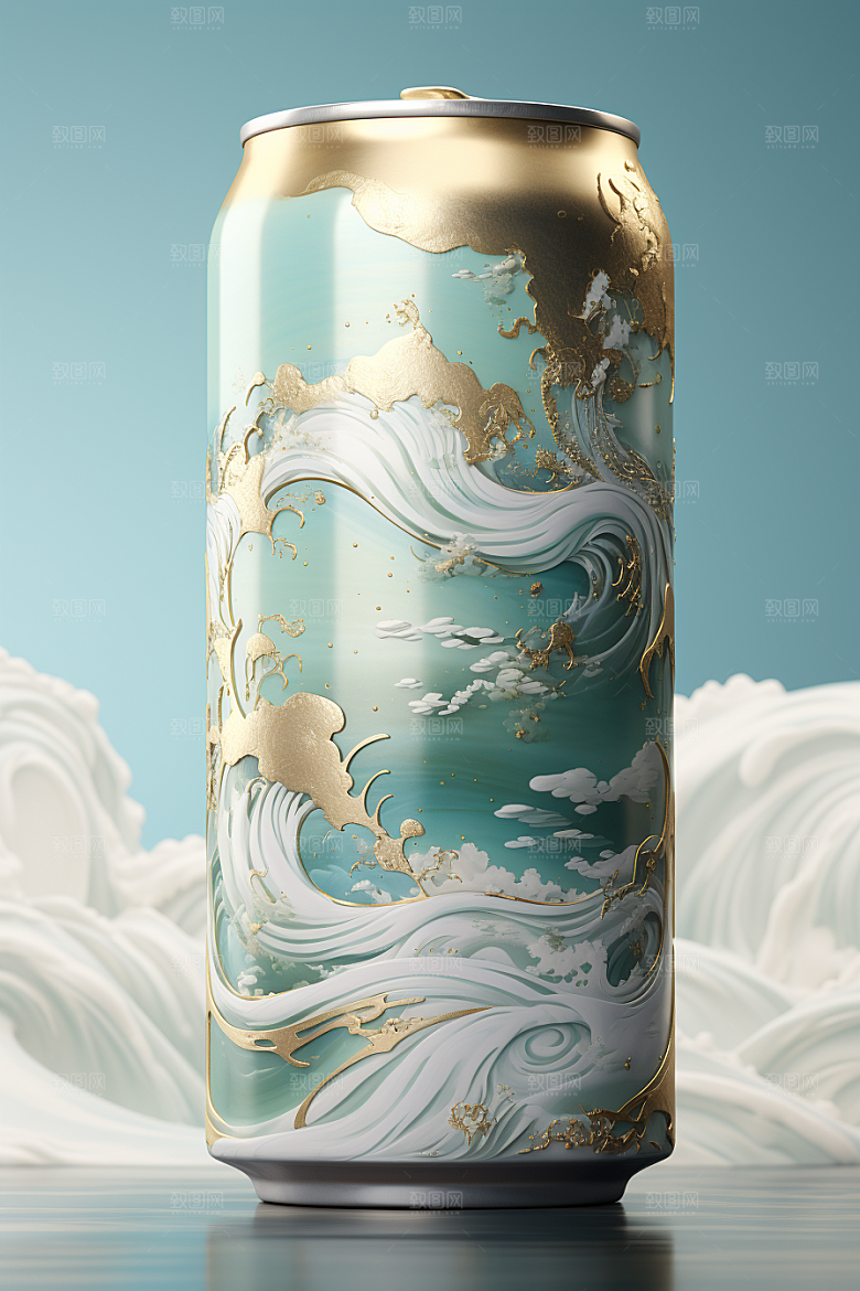 国潮风易拉罐高清水墨山水模型