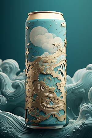 国潮风易拉罐中国风水墨山水模型
