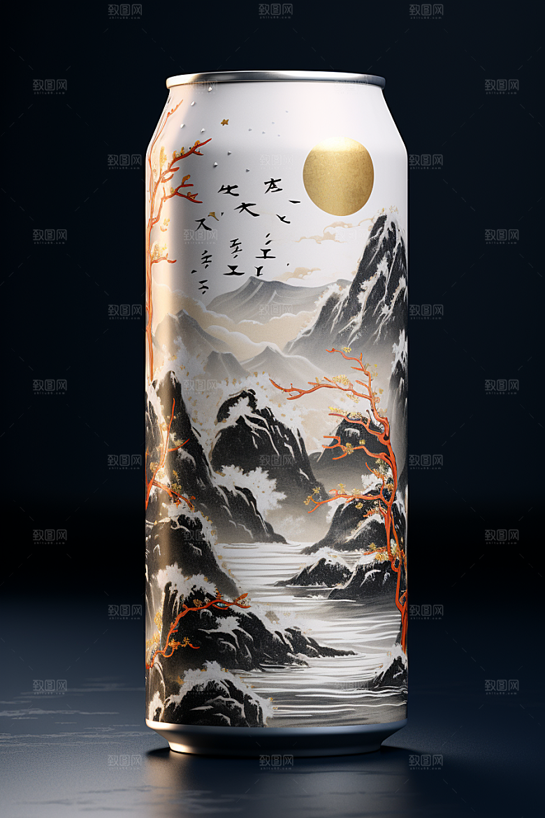 国潮风易拉罐传统艺术国画模型