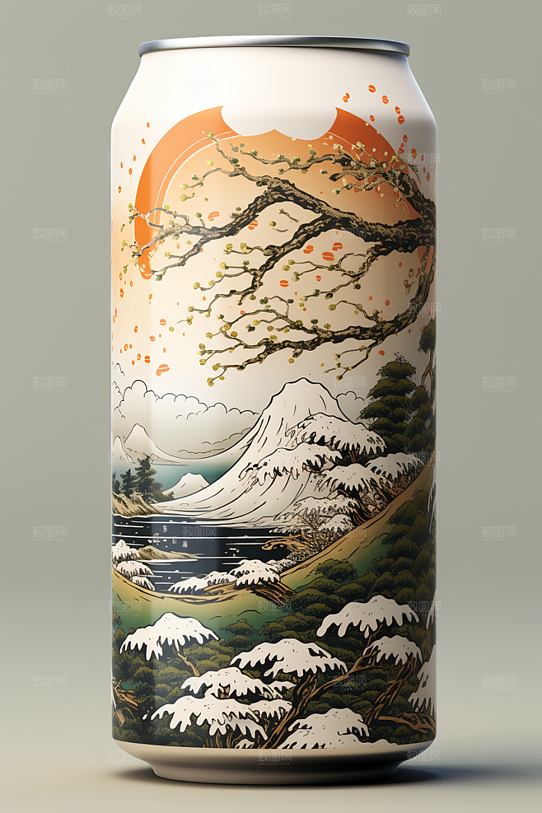国潮风易拉罐水墨山水丹青模型
