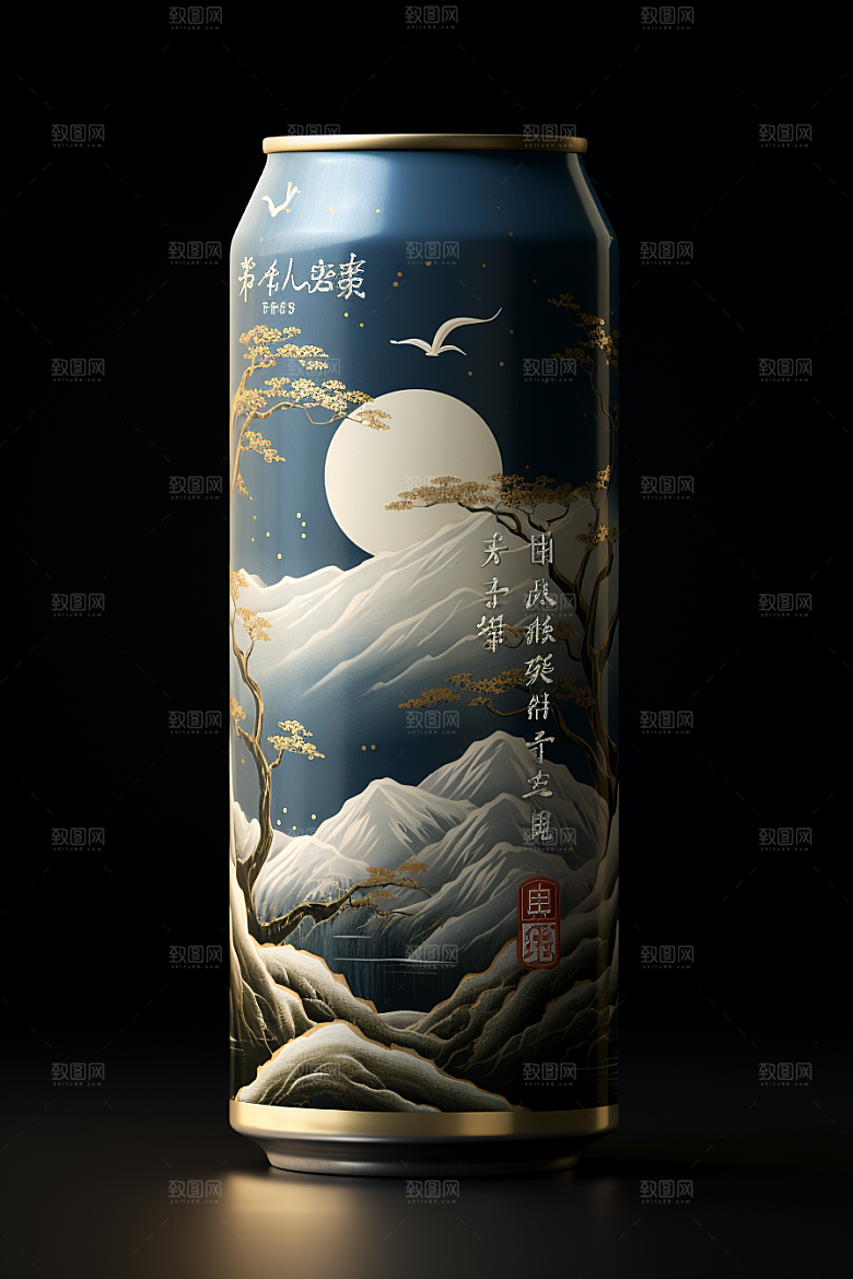 国潮风易拉罐水墨山水高清模型