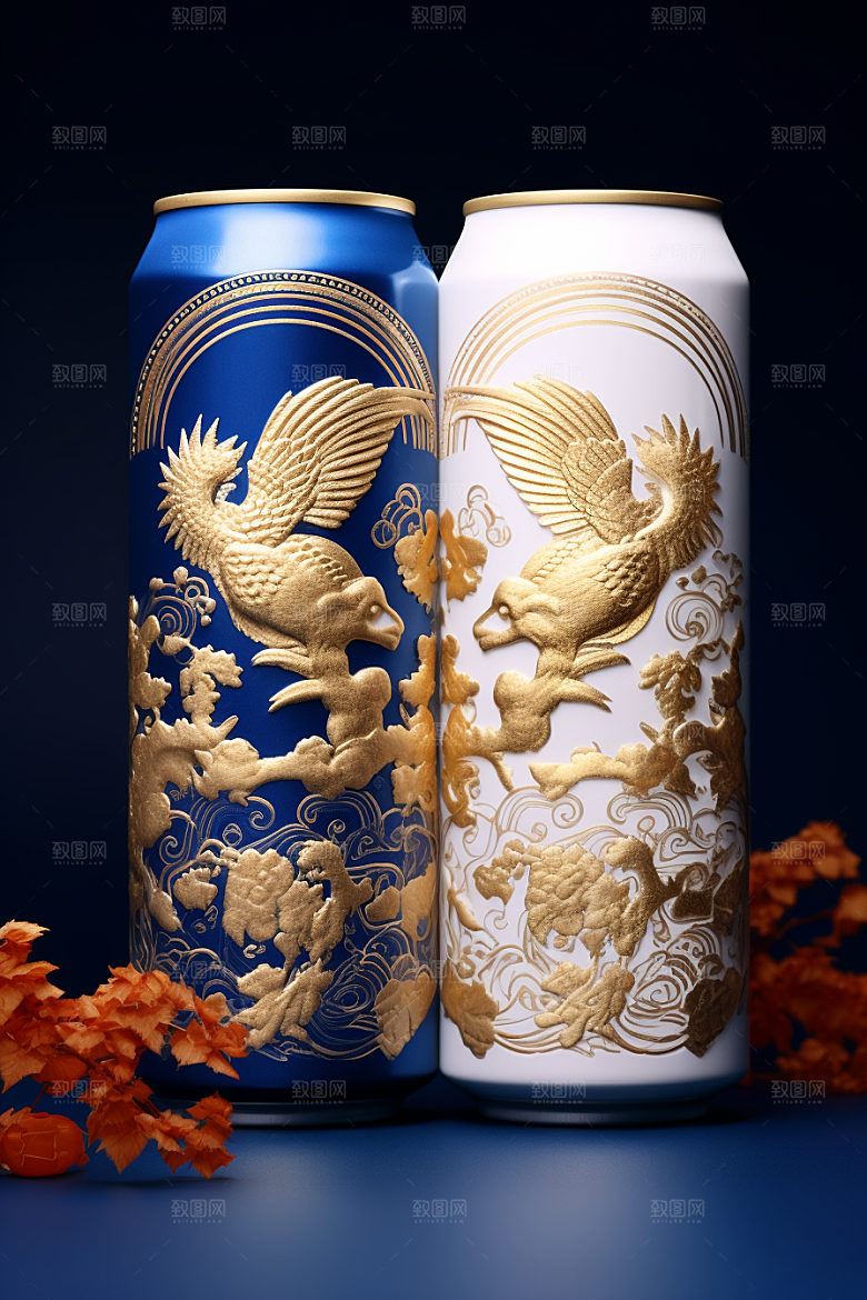 国潮风易拉罐高清国画模型