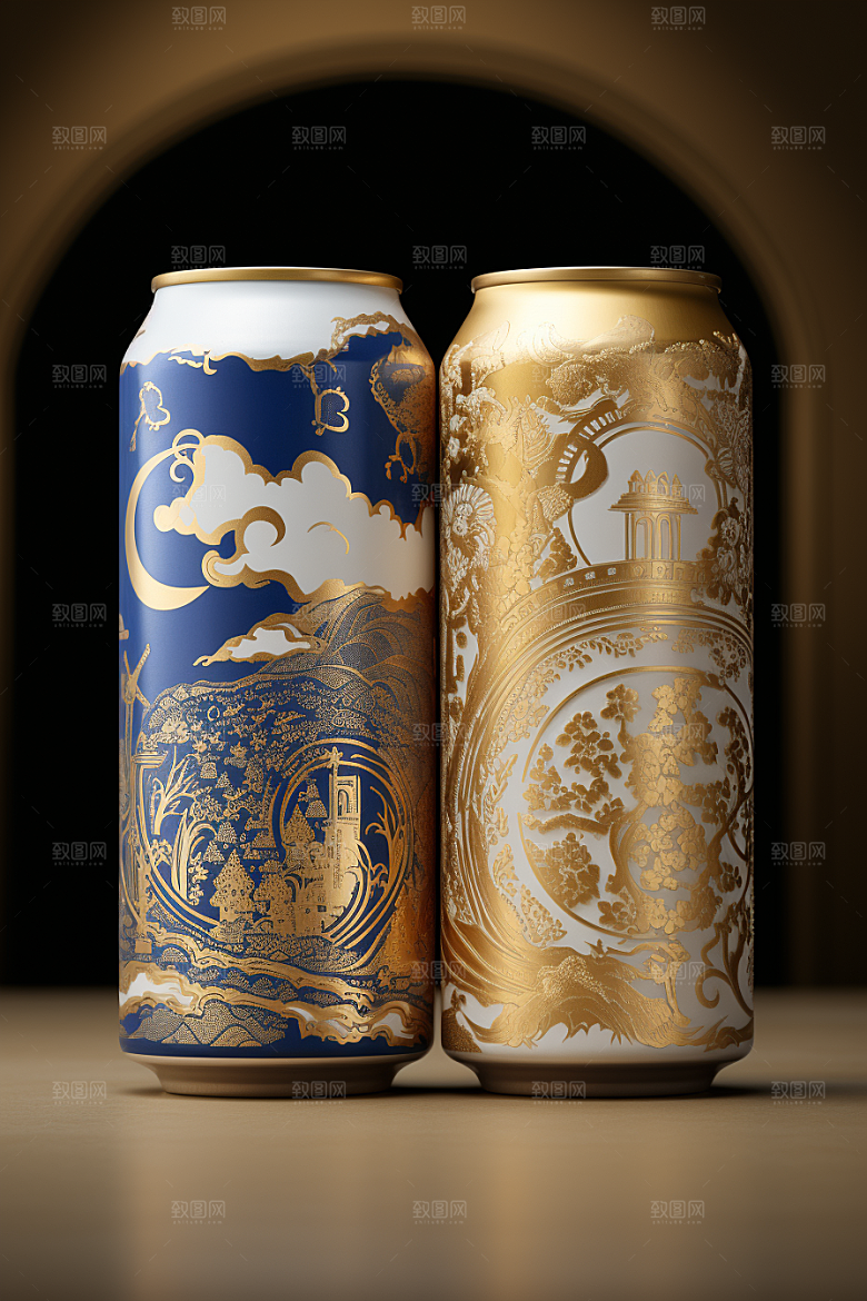国潮风易拉罐传统艺术丹青模型