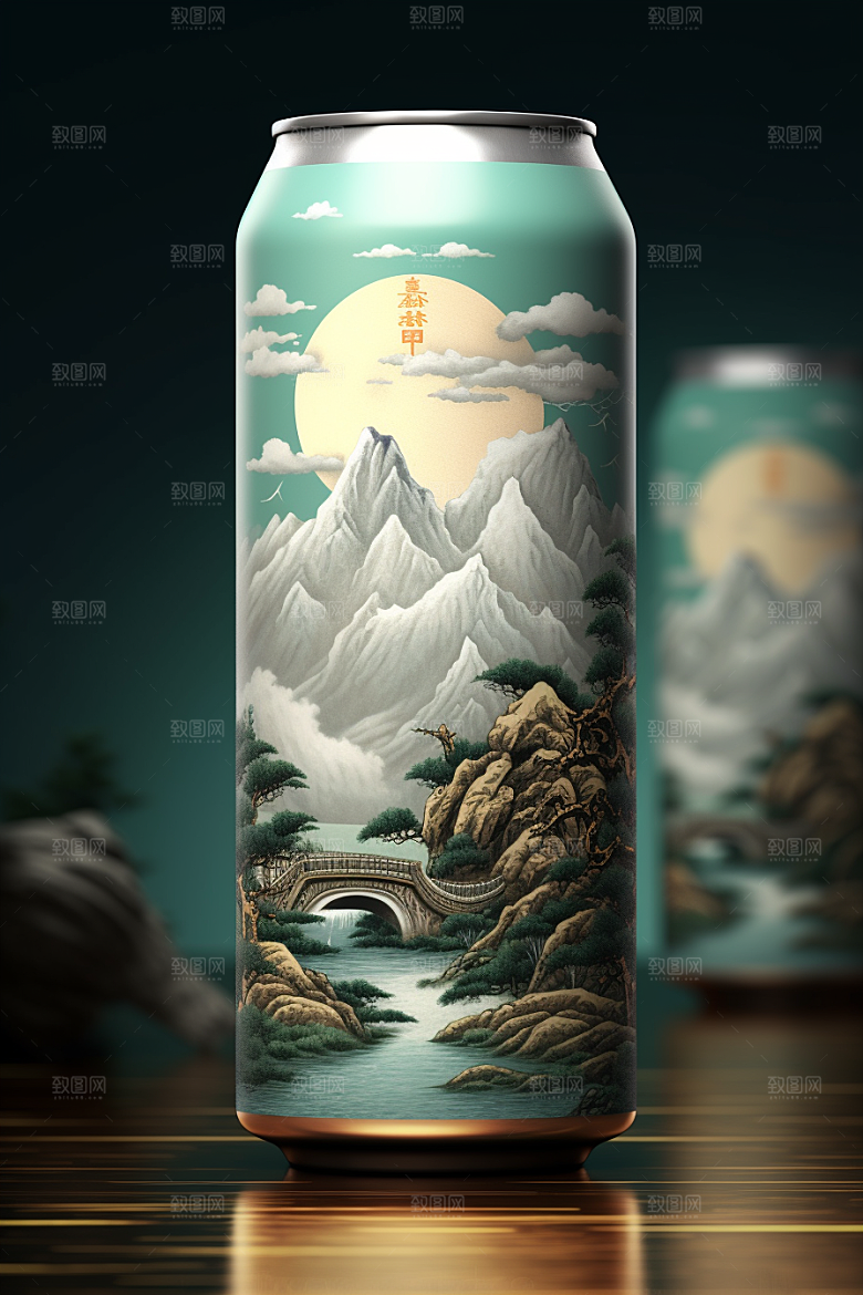国潮风易拉罐丹青水墨山水模型
