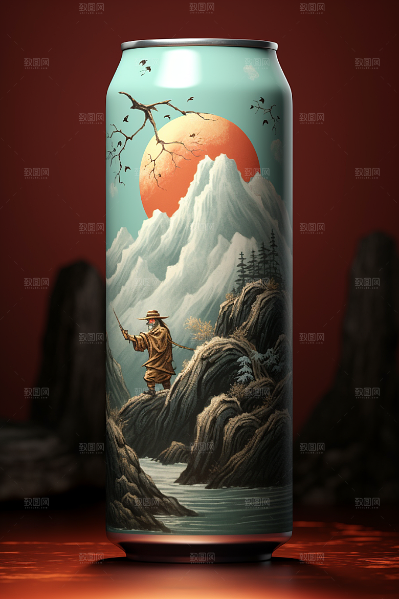 国潮风易拉罐丹青国画模型