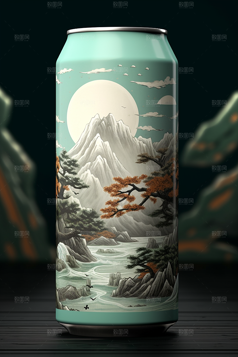 国潮风易拉罐丹青国画模型