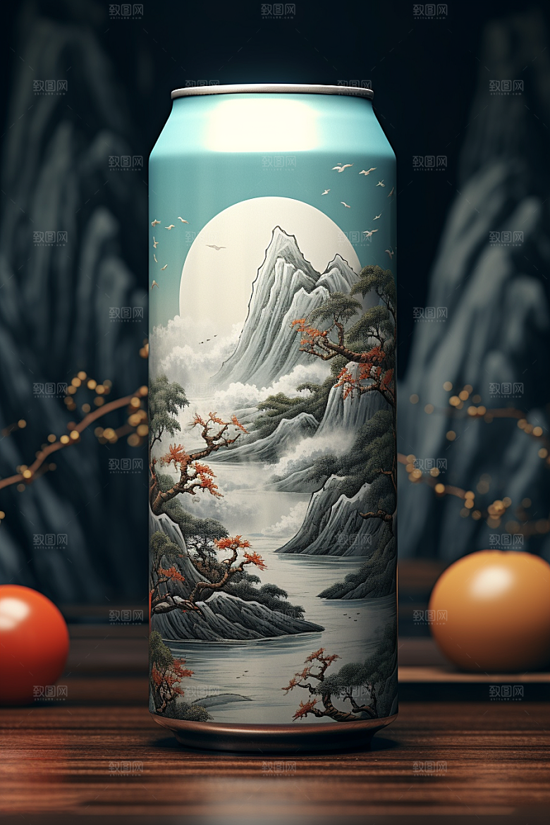国潮风易拉罐传统艺术丹青模型