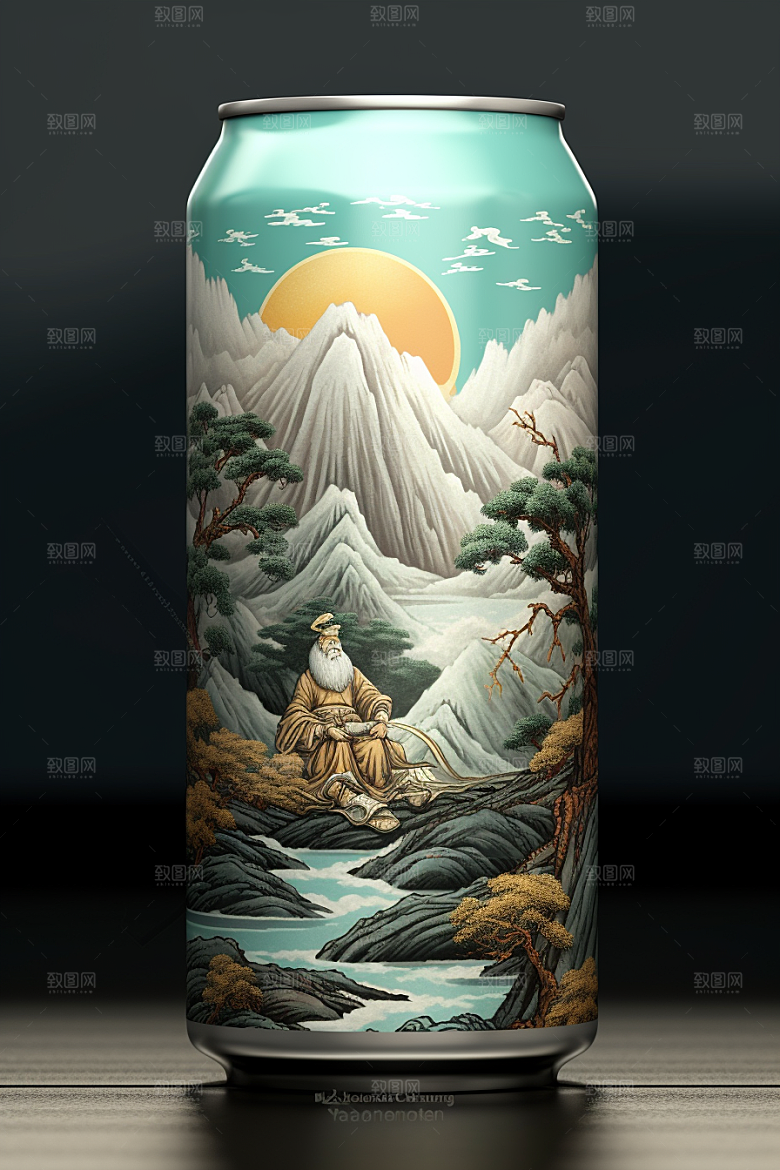 国潮风易拉罐水墨山水传统艺术模型