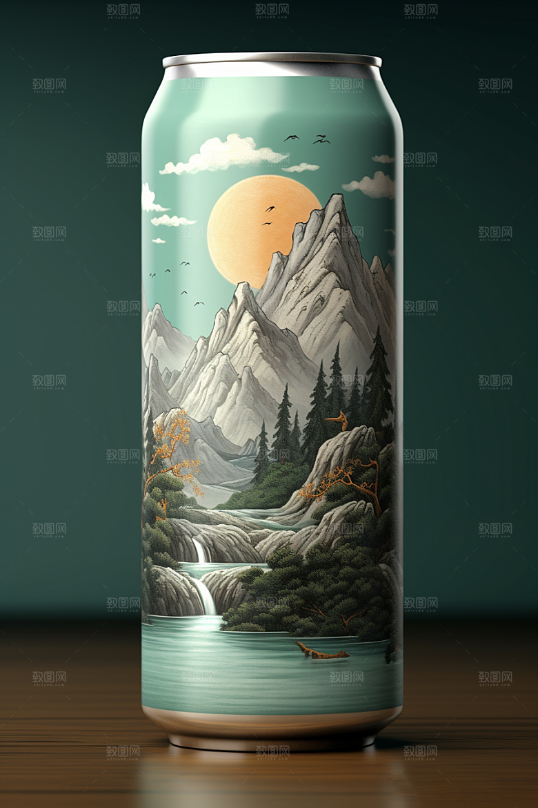 国潮风易拉罐水墨山水国画模型