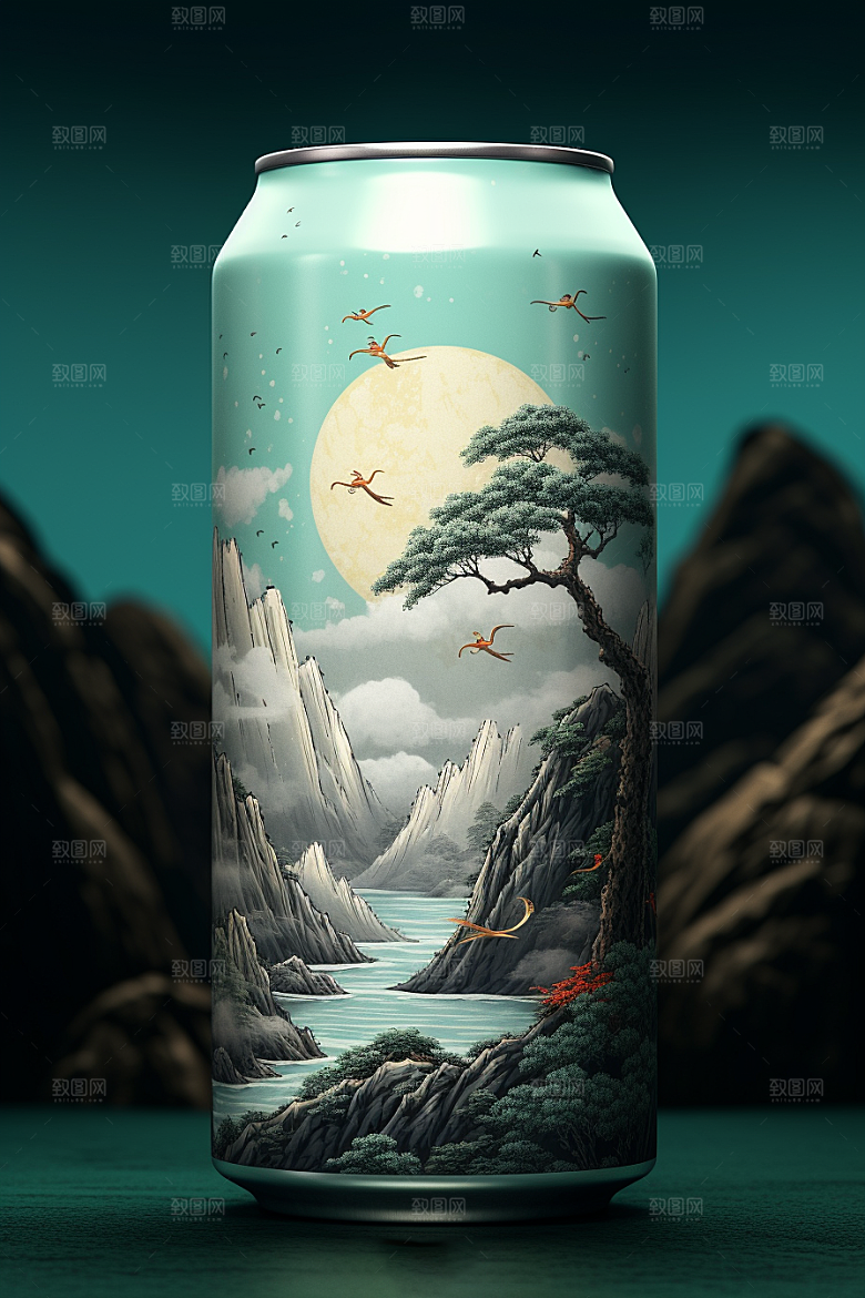 国潮风易拉罐丹青国画模型