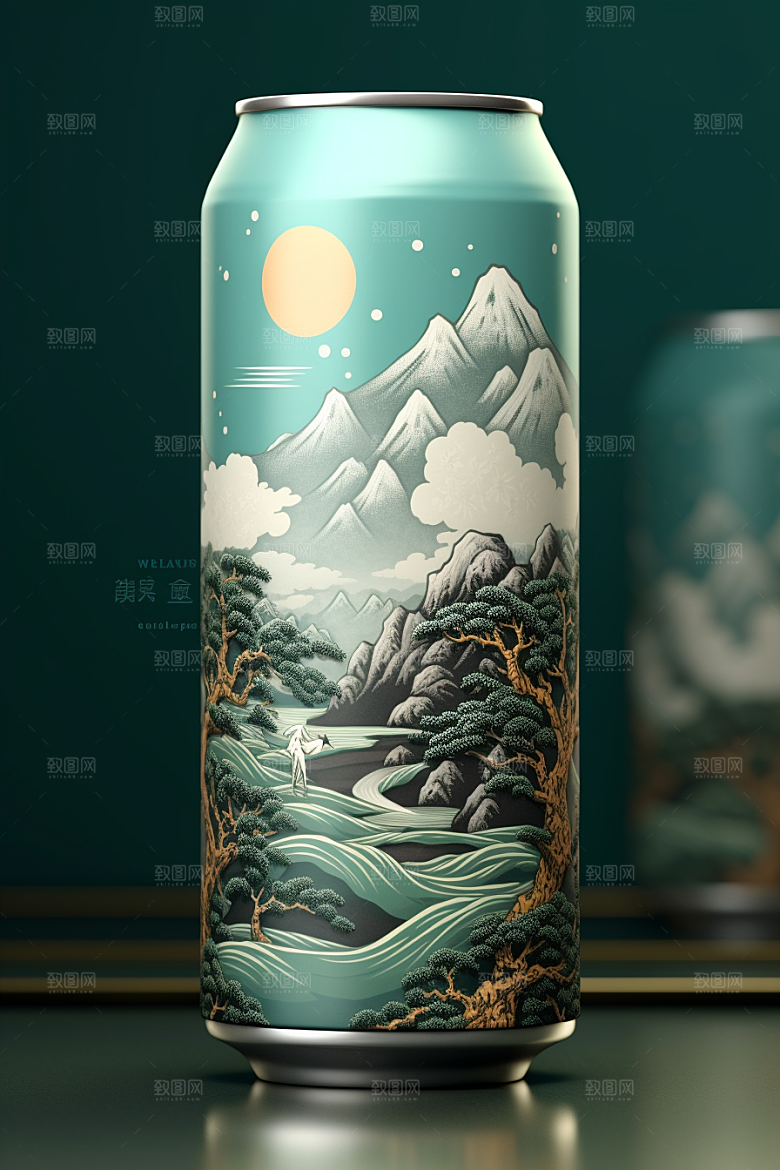 国潮风易拉罐水墨山水丹青模型
