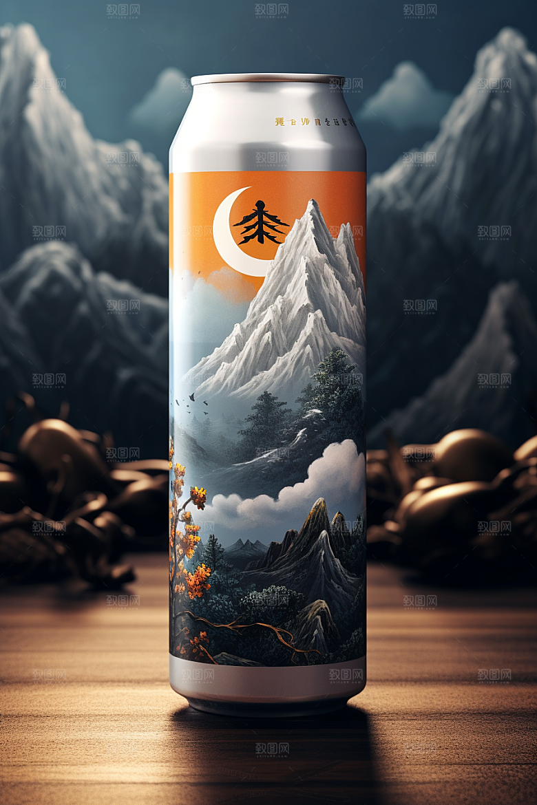 国潮风易拉罐丹青水墨山水模型