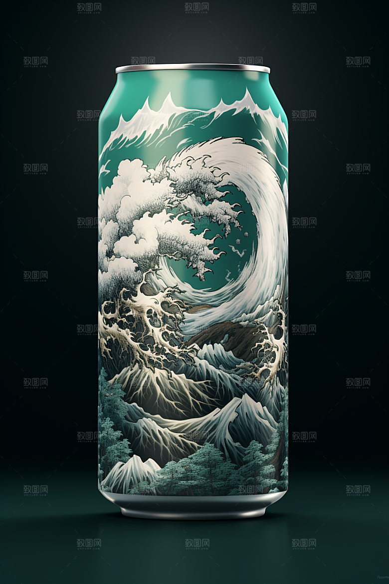 国潮风易拉罐水墨山水国画模型