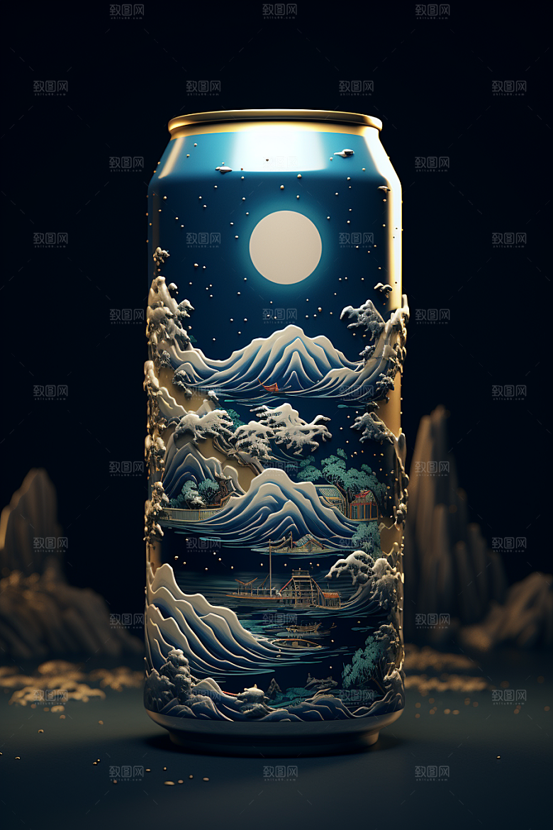 国潮风易拉罐丹青传统艺术模型