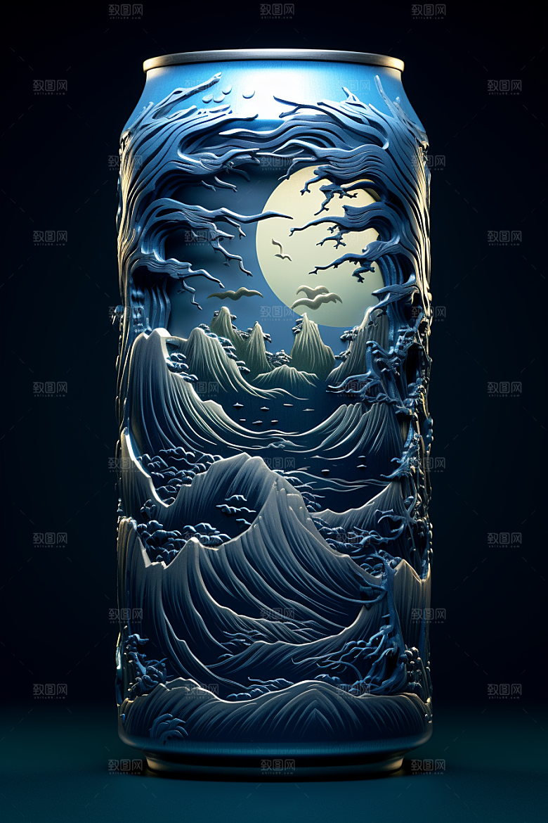 国潮风易拉罐传统艺术丹青模型