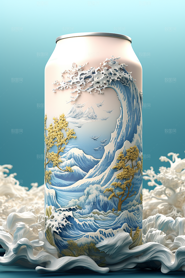 国潮风易拉罐中国风水墨山水模型