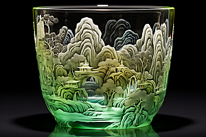 国风玻璃杯水墨山水精致模型