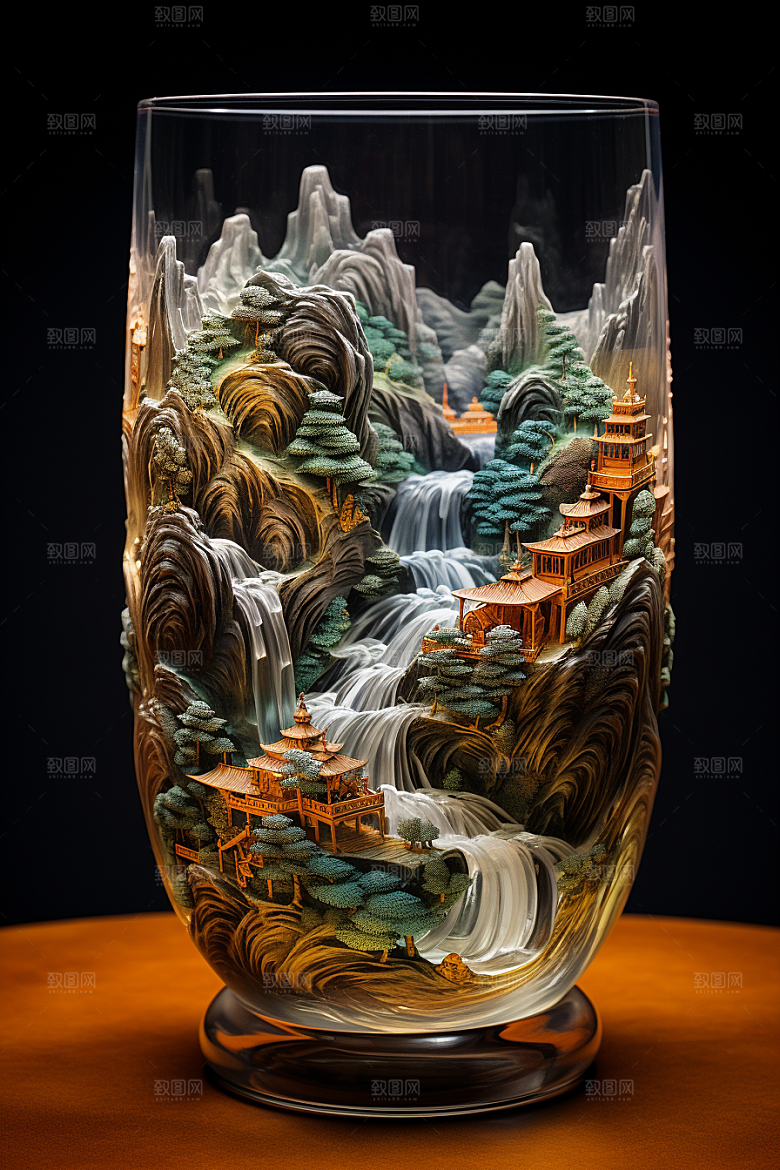 国风玻璃杯中国风水墨山水模型