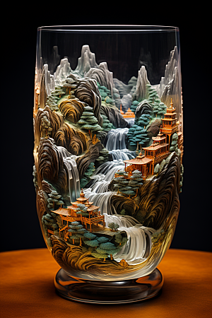 国风玻璃杯中国风水墨山水模型