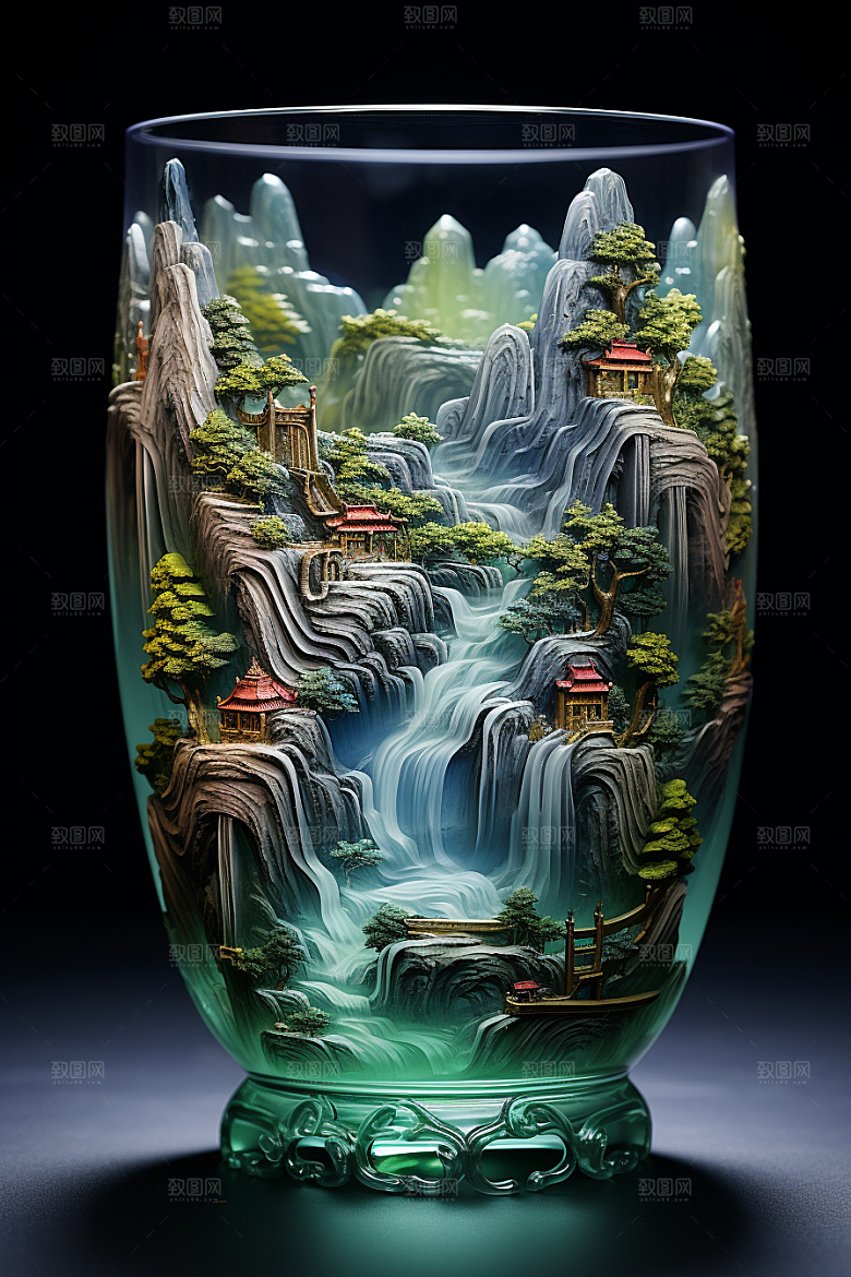 国风玻璃杯艺术品水墨山水模型