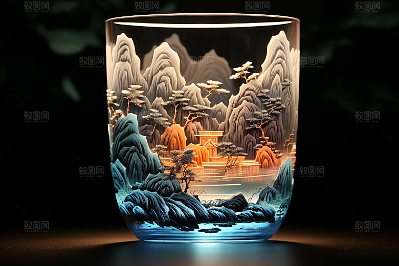 国风玻璃杯高清水墨山水模型