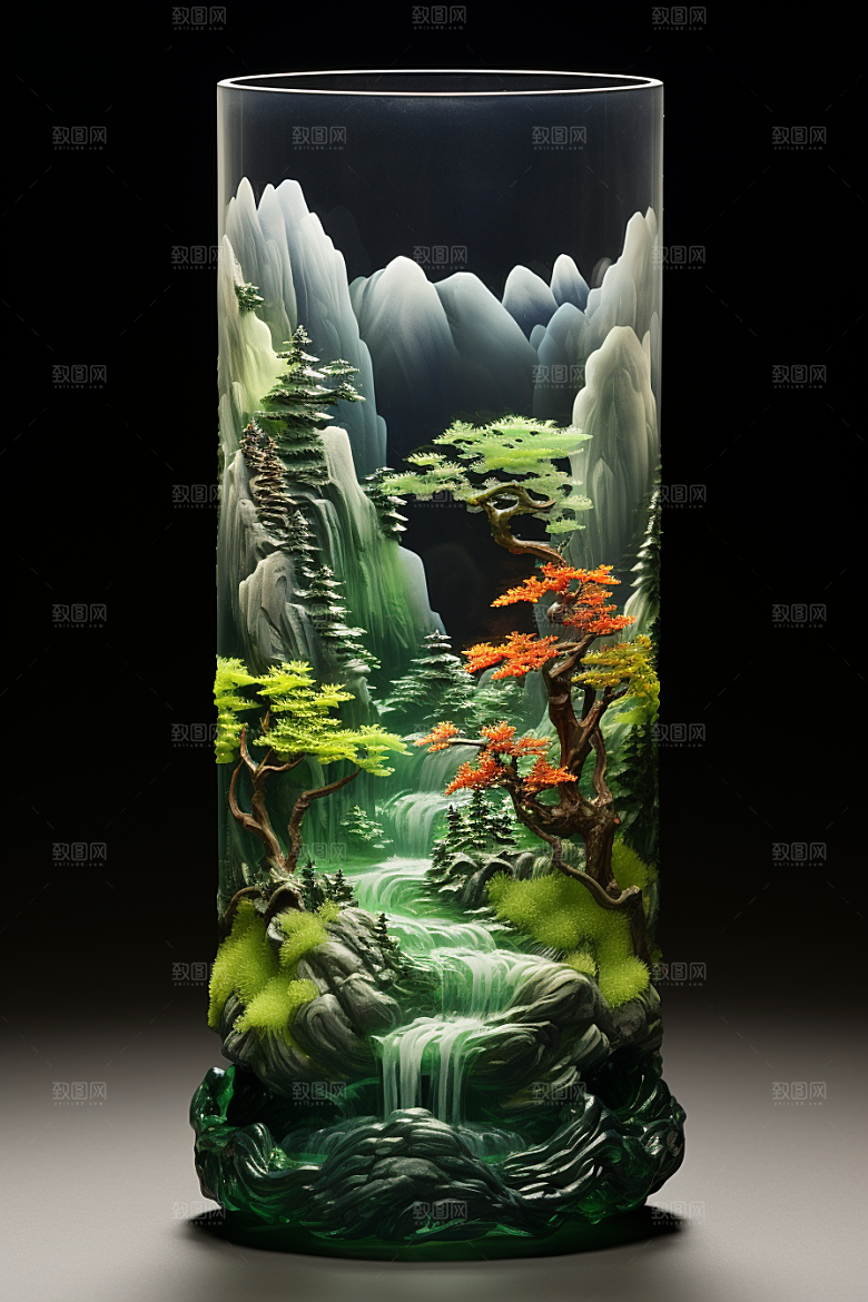 国风玻璃杯水墨山水国画模型
