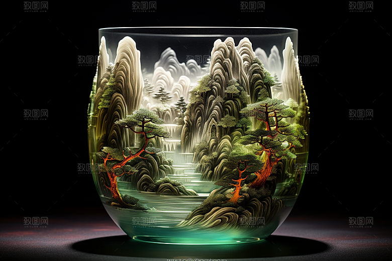 国风玻璃杯艺术品国画模型