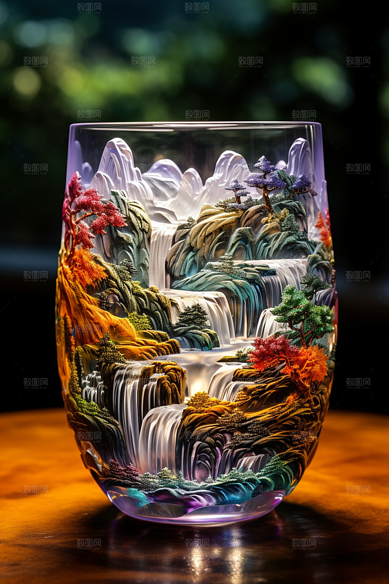 国风玻璃杯精致丹青模型