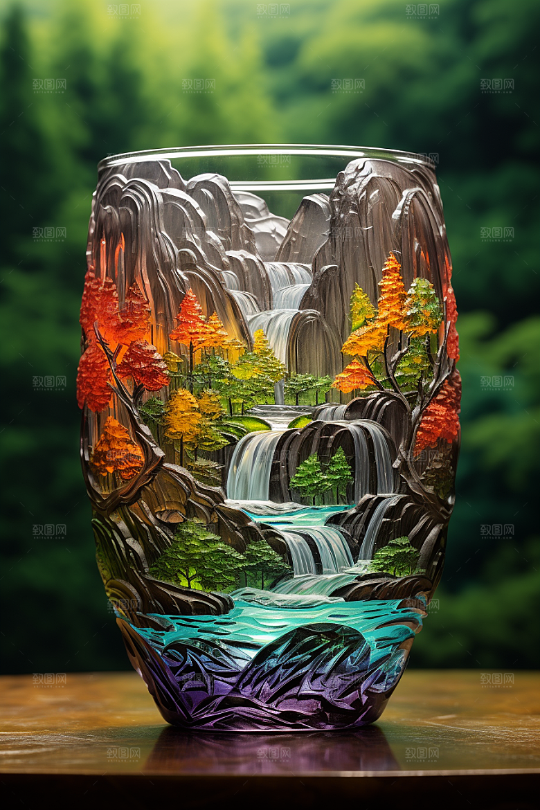 国风玻璃杯精致水墨山水模型