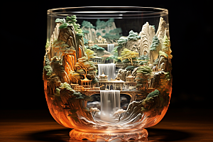 国风玻璃杯艺术品丹青模型