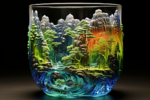 国风玻璃杯琉璃国画模型