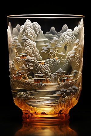 国风玻璃杯中国风丹青模型