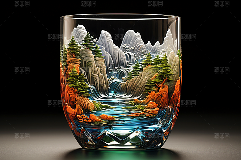国风玻璃杯艺术品国画模型