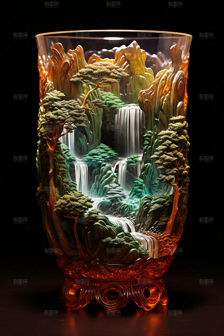 国风玻璃杯水墨山水国画模型