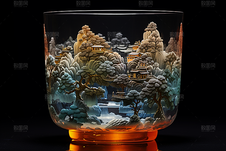 国风玻璃杯水墨山水丹青模型