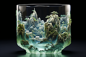 国风玻璃杯国画水墨山水模型
