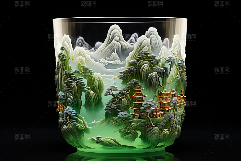国风玻璃杯工艺品国画模型