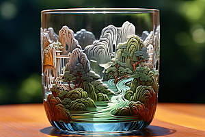 国风玻璃杯水墨山水中国风模型