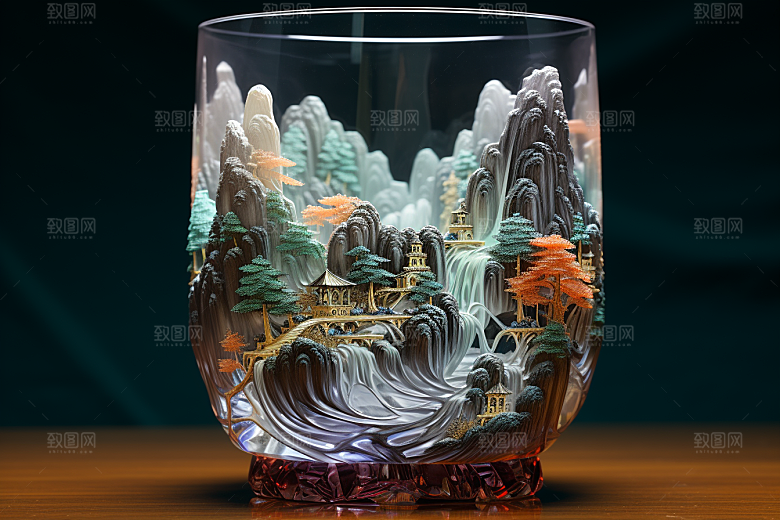 国风玻璃杯工艺品国画模型